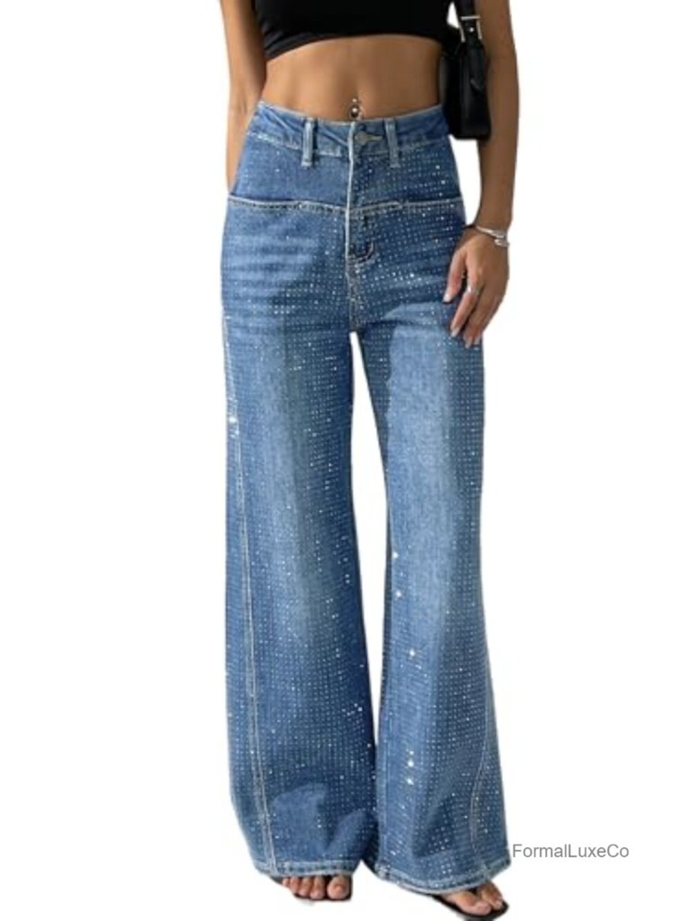 Rhinestone Sequin Wide Leg Flare High Waist Stretch Jeans Y2K